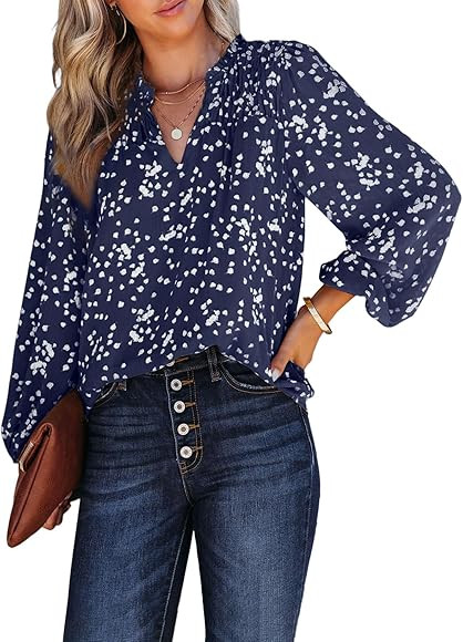PRETTYGARDEN Womens Floral Dressy Tops 2023 Fall Long Sleeve Chiffon Shirts V Neck Boho Blouses S... | Amazon (US)
