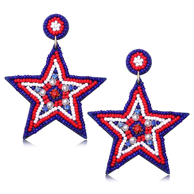 American Flag Earrings 4th of July Earrings for Women Beaded Heart Star Flag Dangle Drop Earrings... | Amazon (US)