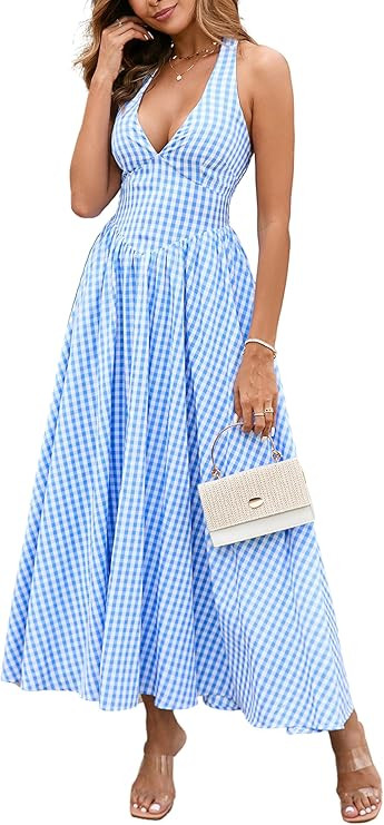 Parthea Women's Summer Midi Dress Smocked Gingham Halter V Neck Sundress Elegant Flowy A Line Bea... | Amazon (US)