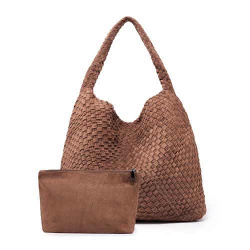 Large Woven Tote Bag for Women Weave Purse Suede Woven Leather Handbag | Amazon (US)