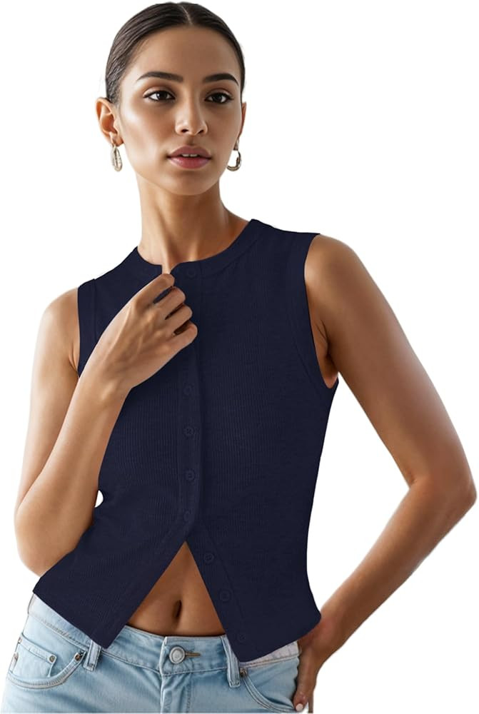 Women’s Button Down Tank Tops Ribbed Summer Vest Button Up Open Front Sleeveless Slim Fit Crop ... | Amazon (US)