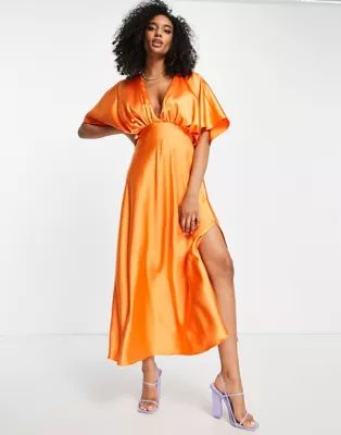 ASOS DESIGN wrap front batwing sleeve satin midi dress in orange | ASOS (Global)