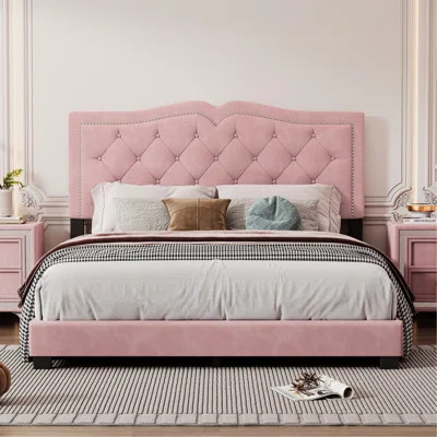 Headboard Bed In Pink - Queen Size Modern Upholstered Velvet Platform With Rivet Design Frame And Decorative Rivets | Wayfair North America