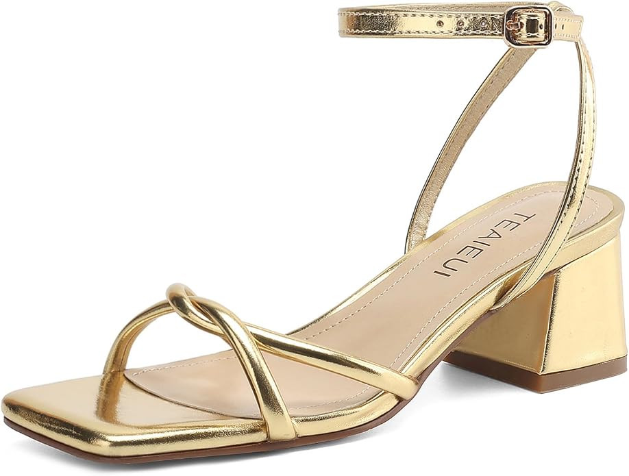 TEAIEUI Chunky Heels for Women, Square Toe Strappy Heeled Sandals, 2 Inch | Adjustable Ankle Stra... | Amazon (US)