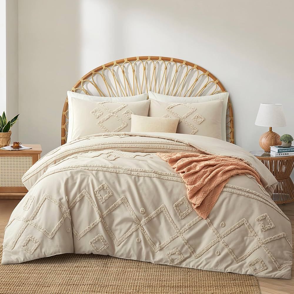 Oli Anderson Beige Queen Comforter Set Tufted Jacquard Bedding Set Queen 3 Pieces, Boho Shabby Ch... | Amazon (US)