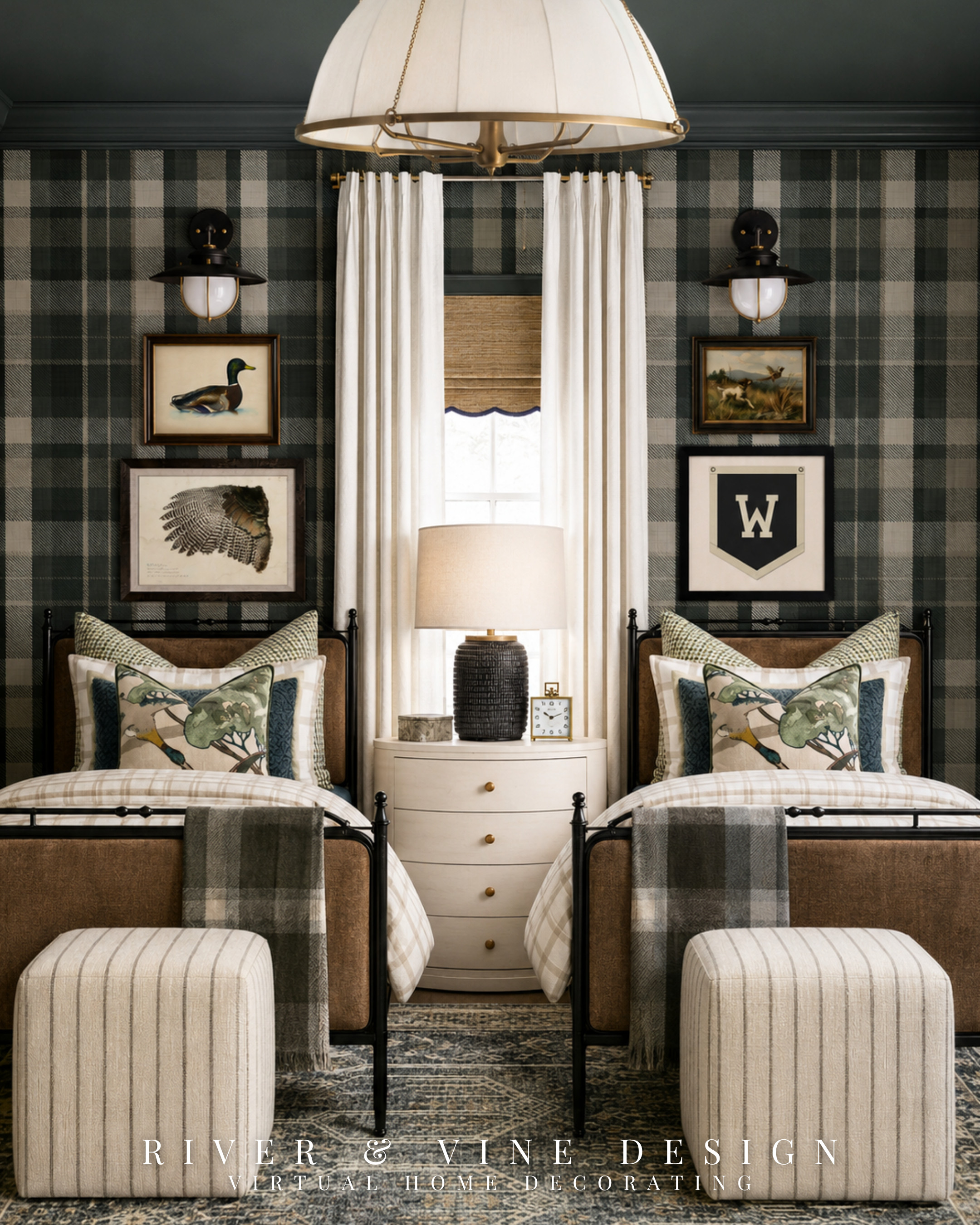 You love pattern—until it’s time to buy the second one and suddenly everything feels like it might clash.

The easiest formula is to vary the scale while repeating the same colors. The oversized plaid wallpaper anchors this room, smaller checks appear in the bedding, and the botanical pillows introduce a softer shape. Cream, deep green and warm brown run through every layer, so the patterns coordinate without matching exactly.

The hard part—finding pieces that actually work together—is already done. Tap to see the exact wallpaper, bedding, pillows, lighting and furniture used to build this shared bedroom.

shared boys bedroom, pattern mixing ideas, plaid wallpaper bedroom, coordinating kids bedding, modern traditional kids room, twin bedroom furniture, green boys room, classic shared bedroom

I may receive a commission from purchases made through my links. 

 #LTKHome #LTKKids