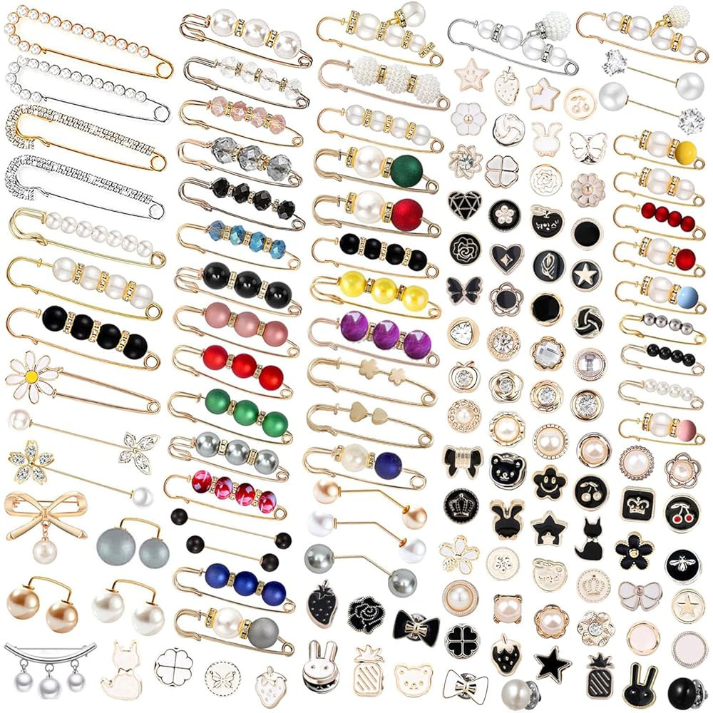 145 Pcs Brooch Pins, Sweater Shawl Hat Clip Neckline Pins Double Faux Pearl Brooches for Women Fa... | Amazon (US)