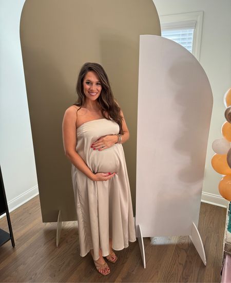 The most comfortable and elegant baby shower dress for a neutral shower!  It’s not maternity but was plenty flowy and I sized up one for the perfect fit. 

#LTKmidsize #LTKbaby #LTKbump