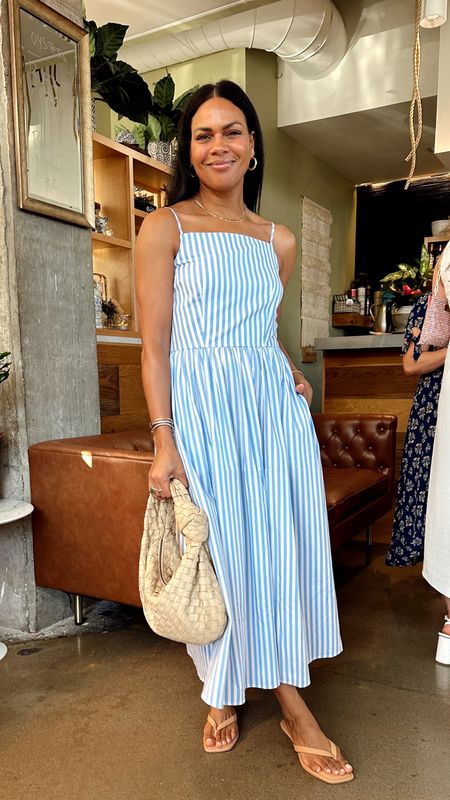 What I wore to dinner the other night - striped square neck midi dress. 100% cotton, adjustable straps & pockets! Perfect for any summer occasion. Paired with low nude kitten heels. 

#LTKStyleTip #LTKOver40