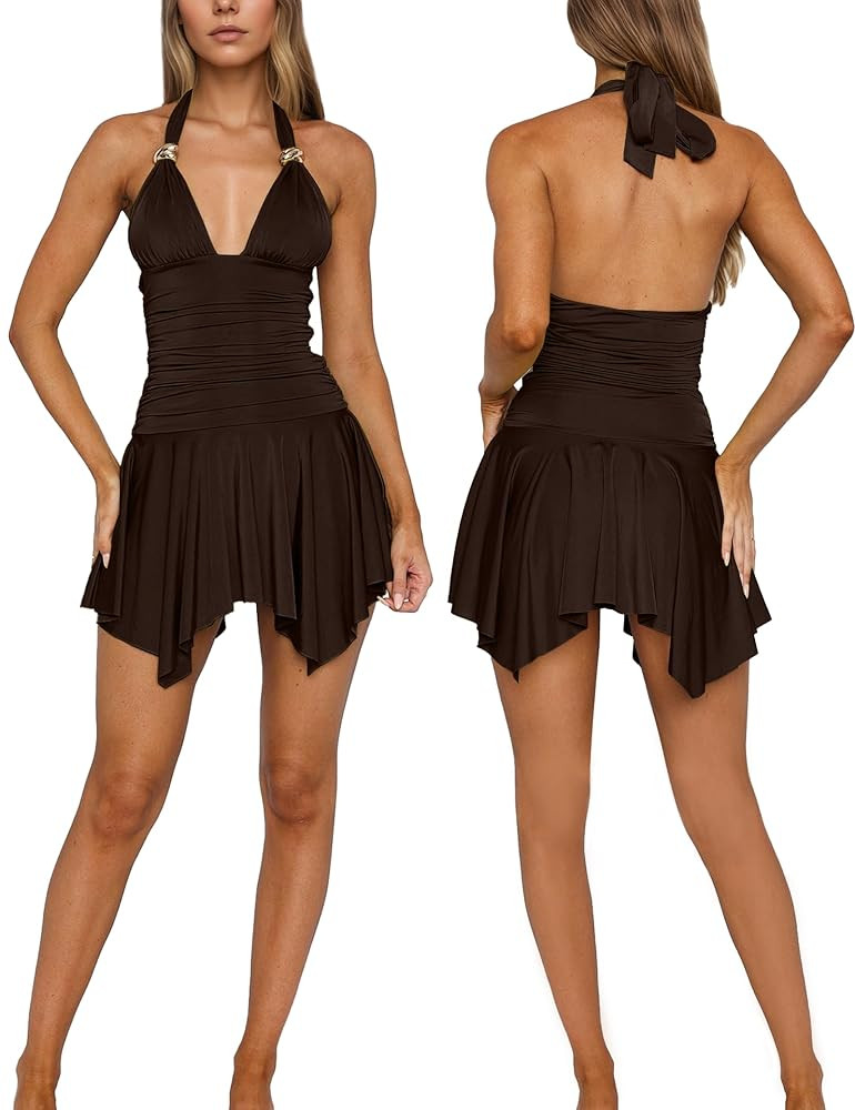 Women’s Halter Backless Sexy Mini Dress V Neck Sleeveless High Waist Ruched Pleated Club Elegan... | Amazon (US)