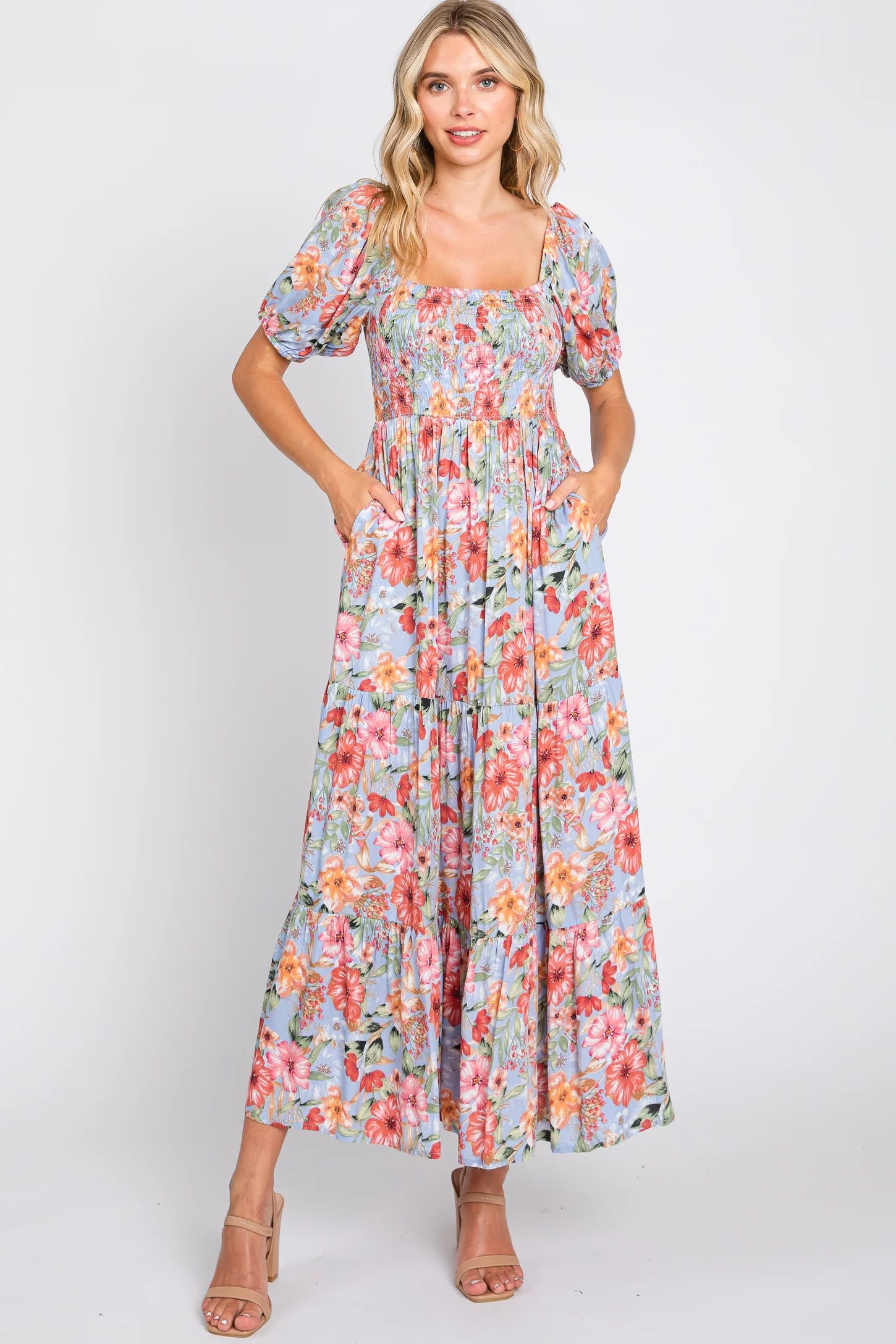 Blue Floral Smocked Square Neck Tiered Maxi Dress | PinkBlush Maternity