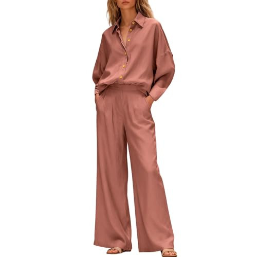 Two Piece Sets For Women Linen Dressy Casual Button Top Wide Leg Pants Trendy Elegent Spring Summer Matching Set Orange matching sets women clothing L | Amazon (US)