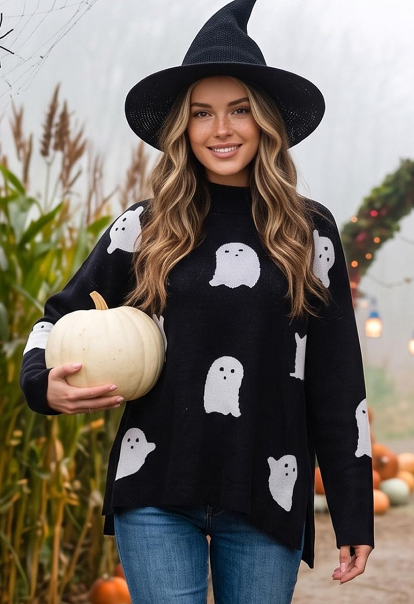 Naughty Ghosts Jacquard Side Slit Oversized Sweater for Halloween Parties & Themed Events | Chicwish