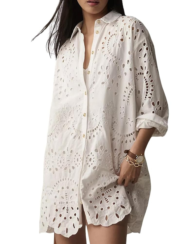 CHARTOU Women Eyelet Lace Dress Button Down Shirt Loose Fit Summer Casual Mini Dress | Amazon (US)