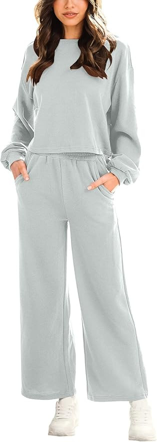 ANRABESS Women’s Two Piece Outfits Long Sleeve Crop Top Wide Leg Pants Knit Sweatsuit Loungewea... | Amazon (US)