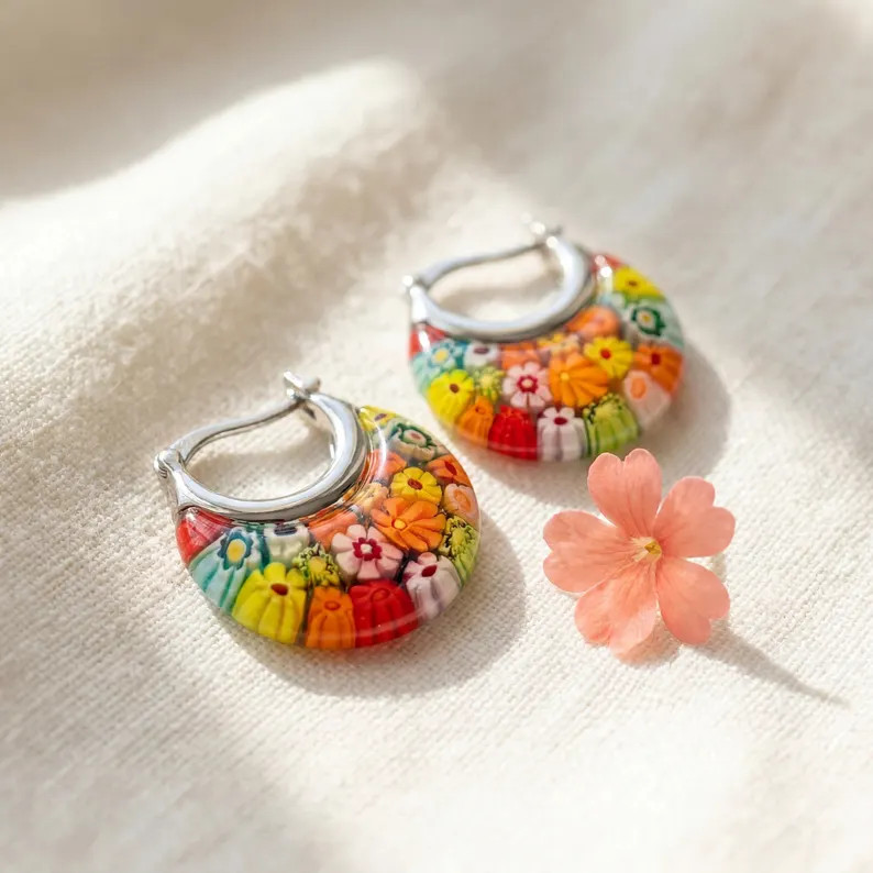 Murano Style Millefiori Glass Huggie Hoop Earrings Colorful Floral Boho Dopamine Earrings Silver ... | Etsy (Global)