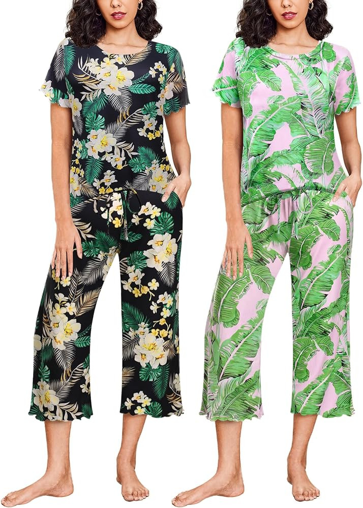 Ekouaer 2 Pack: Women's Pajamas Set Short Sleeve Sleepwear Capri Pants Pjs Sets Soft Loungewear W... | Amazon (US)