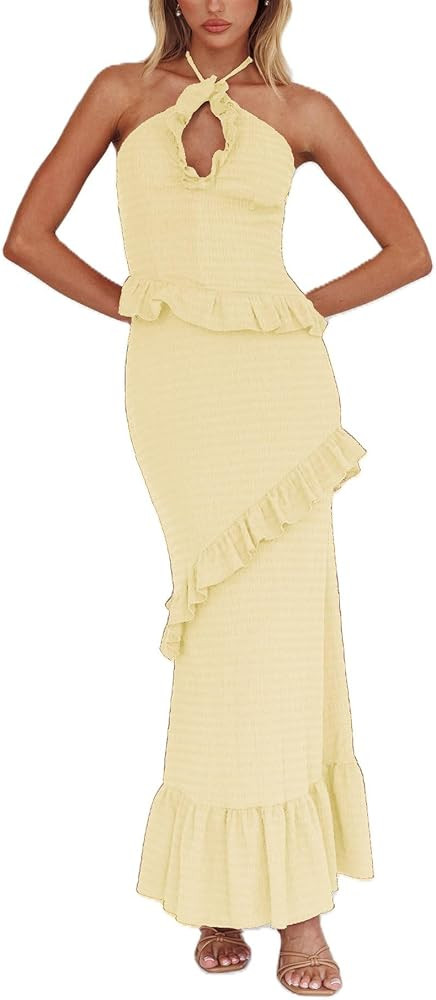 Y2k Ruffle Long Skirt Sets for Women 2 Piece Outfits Summer Ruched Backless Cami Top Matching Boh... | Amazon (US)