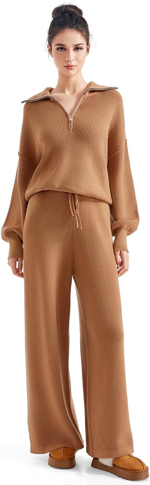 SUUKSESS Women 2 Piece Lounge Sets Oversized Quarter Zip Pullover Wide Leg Pants | Amazon (US)