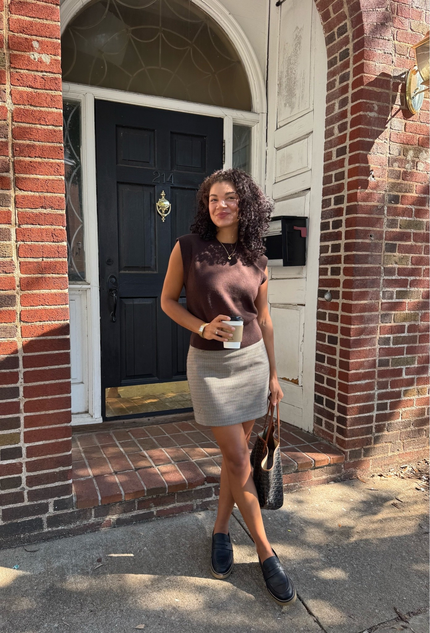 Warm fall outfit: houndstooth mini skirt, chocolate brown sweater vest, lug sole loafers

#LTKootd #LTKSeasonal
