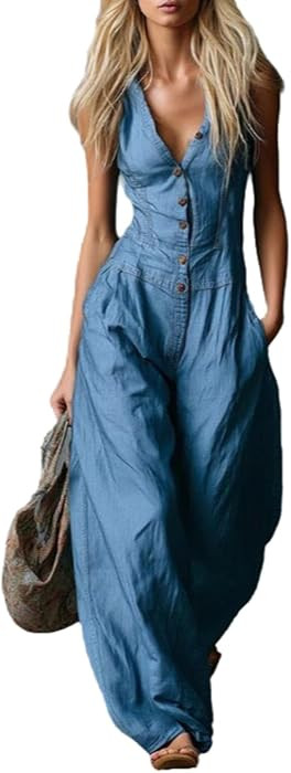 Casual Jumpsuits for Women Sleeveless Deep V Neck Button Front Loose Fit Western Wide Leg Jumpsui... | Amazon (US)