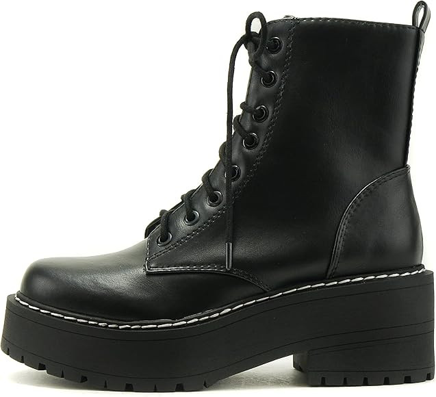 Soda FLING Women Chunky Lug Sole Lace up Fashion Combat Ankle Boot w/Side Zipper | Amazon (US)