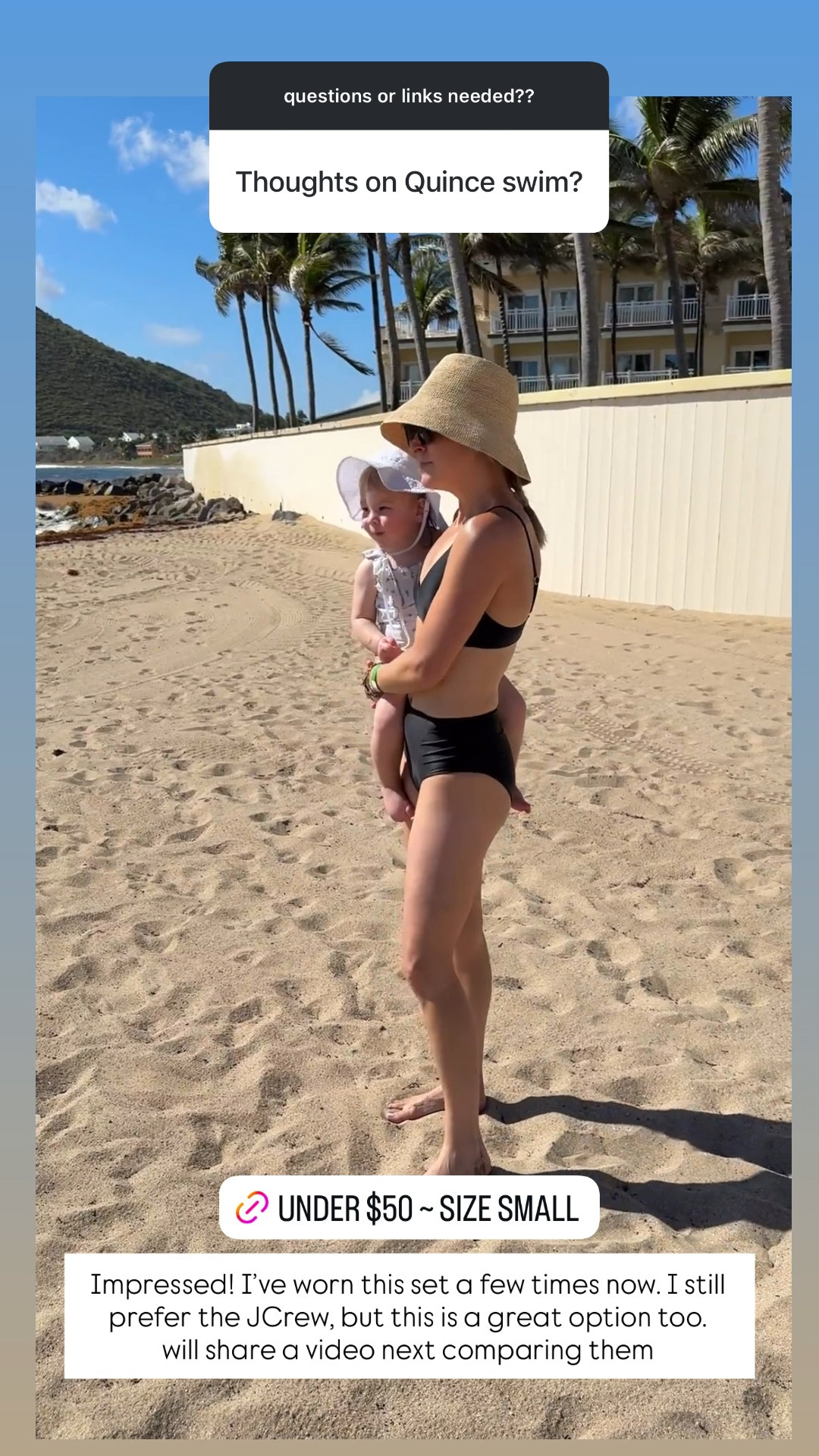 Impressed with quince swim so far!  I have the Jcrew sculpt versions (which I love) and wanted to compare. This is a great fit for my body type and the top is very flattering for someone smaller Chested like myself. I wear a small in both brands. 
-top is fully adjustable in strap and band (Jcrew can only adjust straps)
-bottoms are the tiniest bit higher waisted than Jcrew and more booty cover then Jcrew. 
overall, I prefer the Jcrew one with the sculpt material, but for the price you can’t go wrong the Quince option. 

*small hat 

resort wear, beach vacation, travel, swimsuits 

#LTKSwim