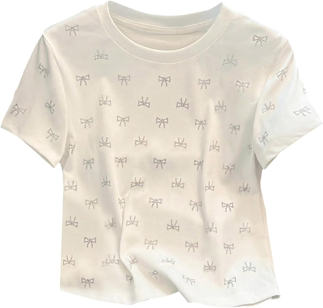 SHENHE Women's Rhinestone Bow Top Crew Neck Short Sleeve Summer Going Out Tee Shirt | Amazon (US)