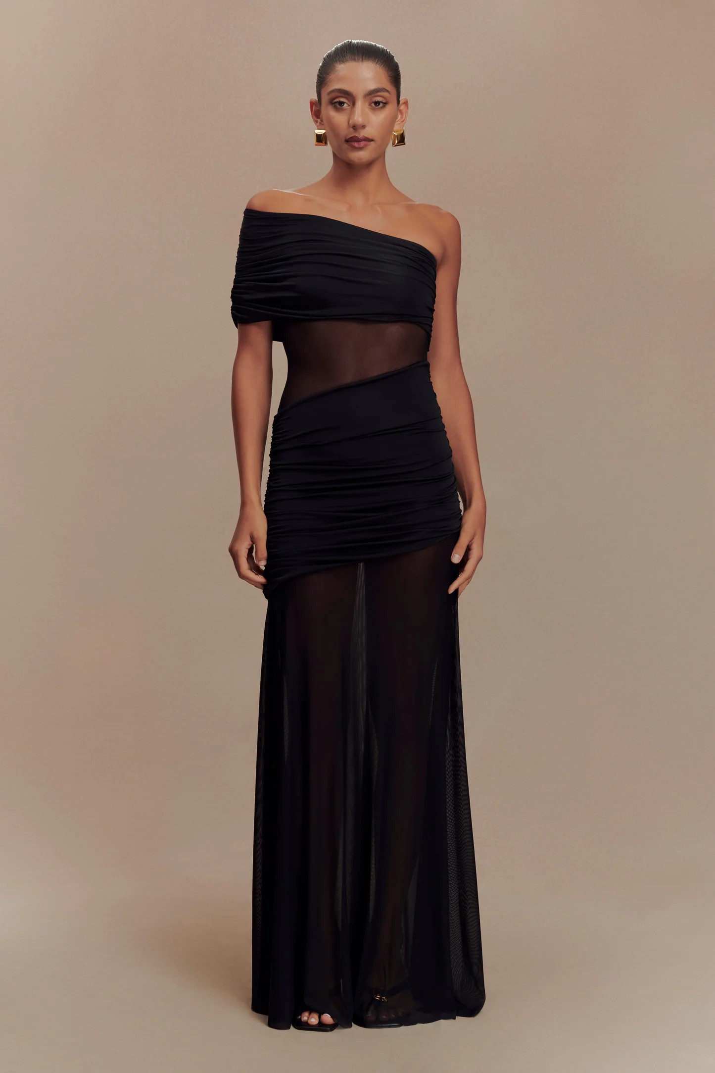 Dallas One Shoulder Mesh Maxi Dress - Black | Meshki UK