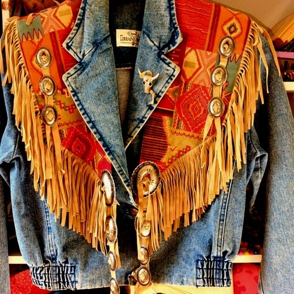 Vintage Opal By Lorraine Wardy Southwestern  jean jacket removable Aztec Shawl M | Poshmark