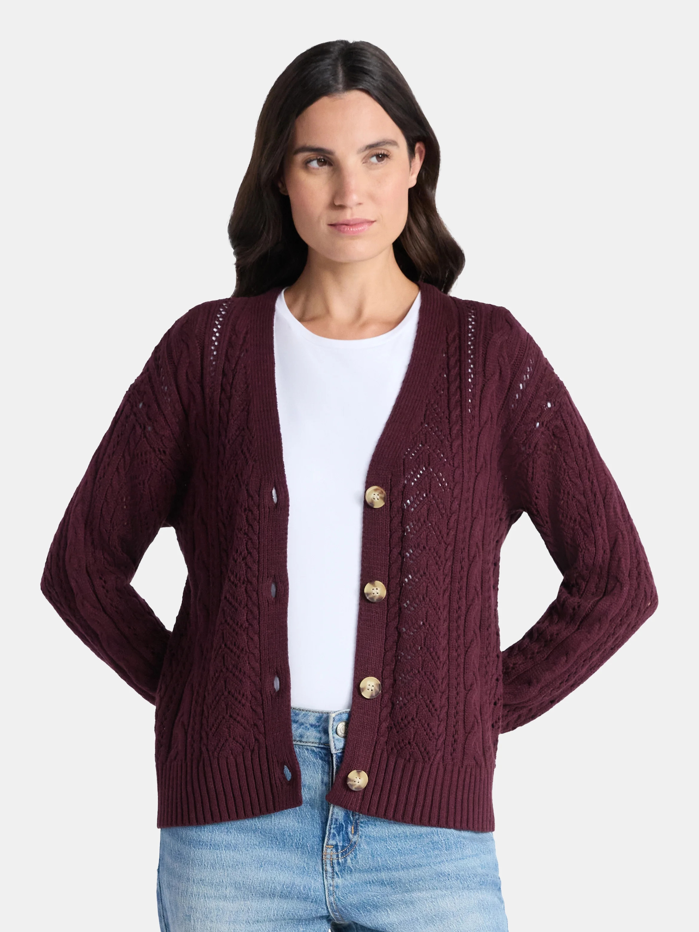 Time and Tru Women’s Boyfriend Cable Knit Cardigan, Size XS-3XL | Walmart (US)