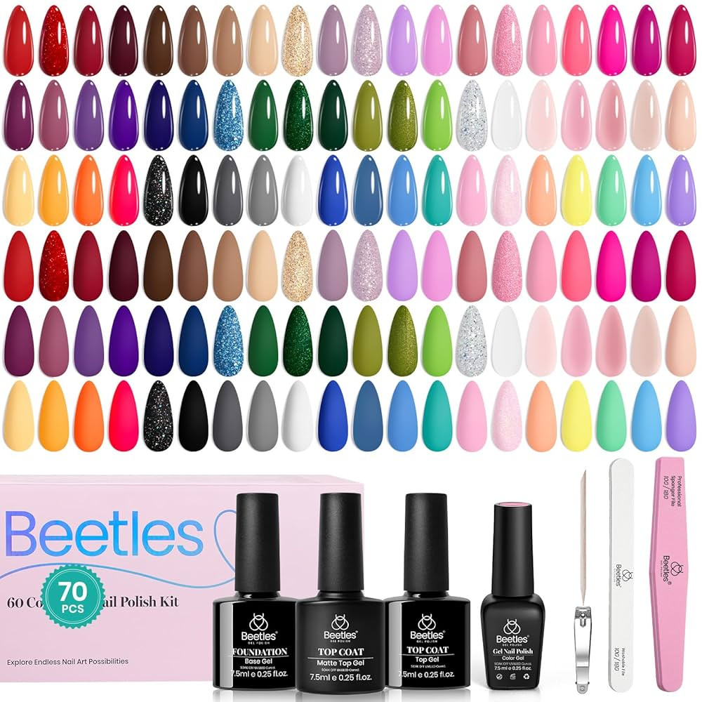 Beetles Gel Nail Polish Set, 70 PCS 60 Colors Red Green Pink Brown Blue Nude Glitter Gel Nail Pol... | Amazon (US)