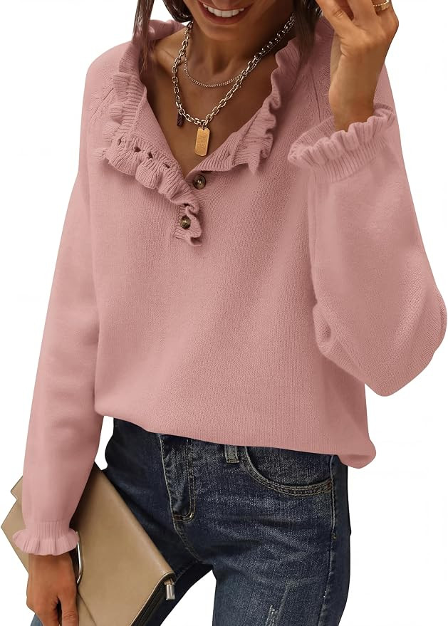 BTFBM Women's Ruffle Burtton Down Knit Sweater | Crew Neck Casual Pullover Tops, Loose Fit, Long ... | Amazon (US)