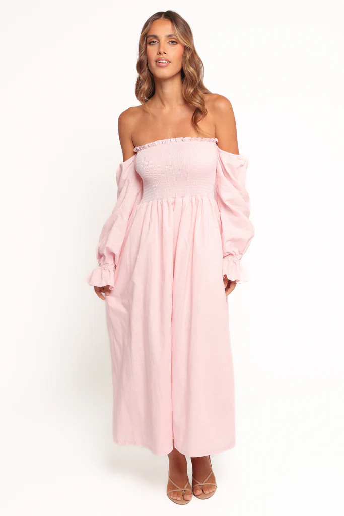 Domenica Shirred Long Sleeve Midi Dress - Pink | Petal & Pup (US)
