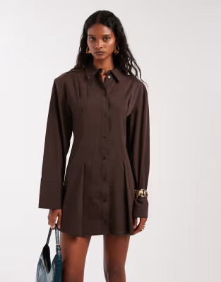 ASOS DESIGN cinched shoulder pad shirt mini dress in brown | ASOS (Global)