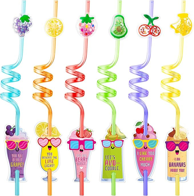 Xqumoi 24Pcs Valentines Glitter Fruit Straws with Exchange Cards Crazy Loop Drinking Plastic Stra... | Amazon (US)
