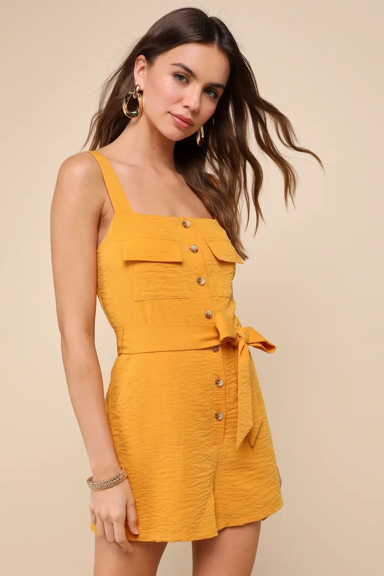 Daily Choice Golden Yellow Sleeveless Belted Button-Front Romper | Lulus