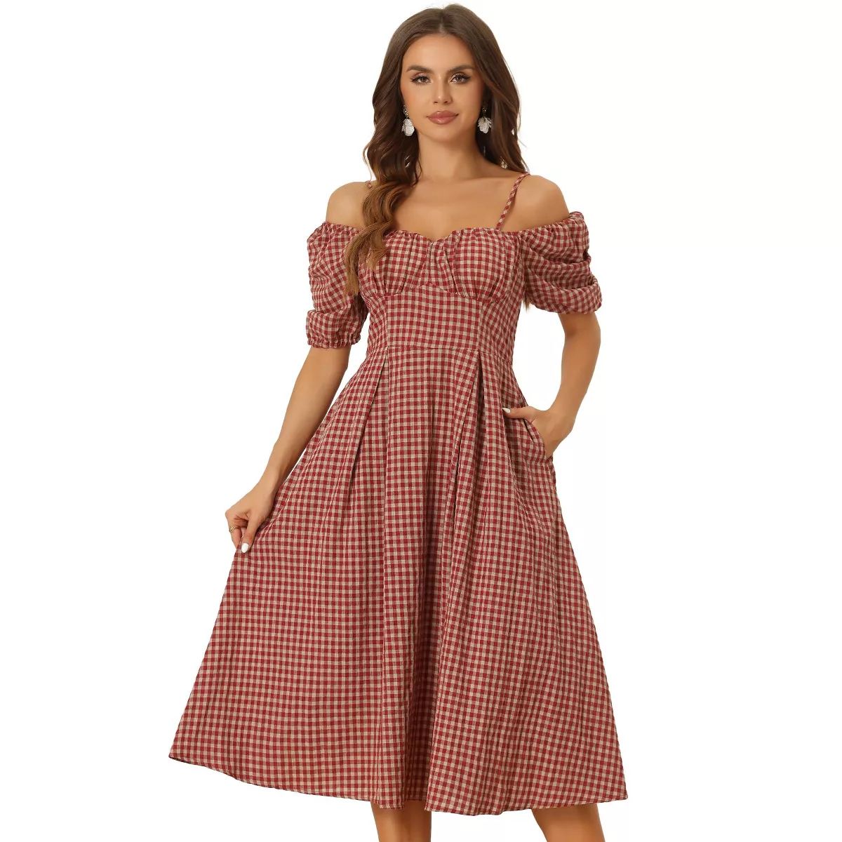 Allegra K Women's Vintage Spaghetti Straps Off Shoulder Swing Gingham Dress | Target