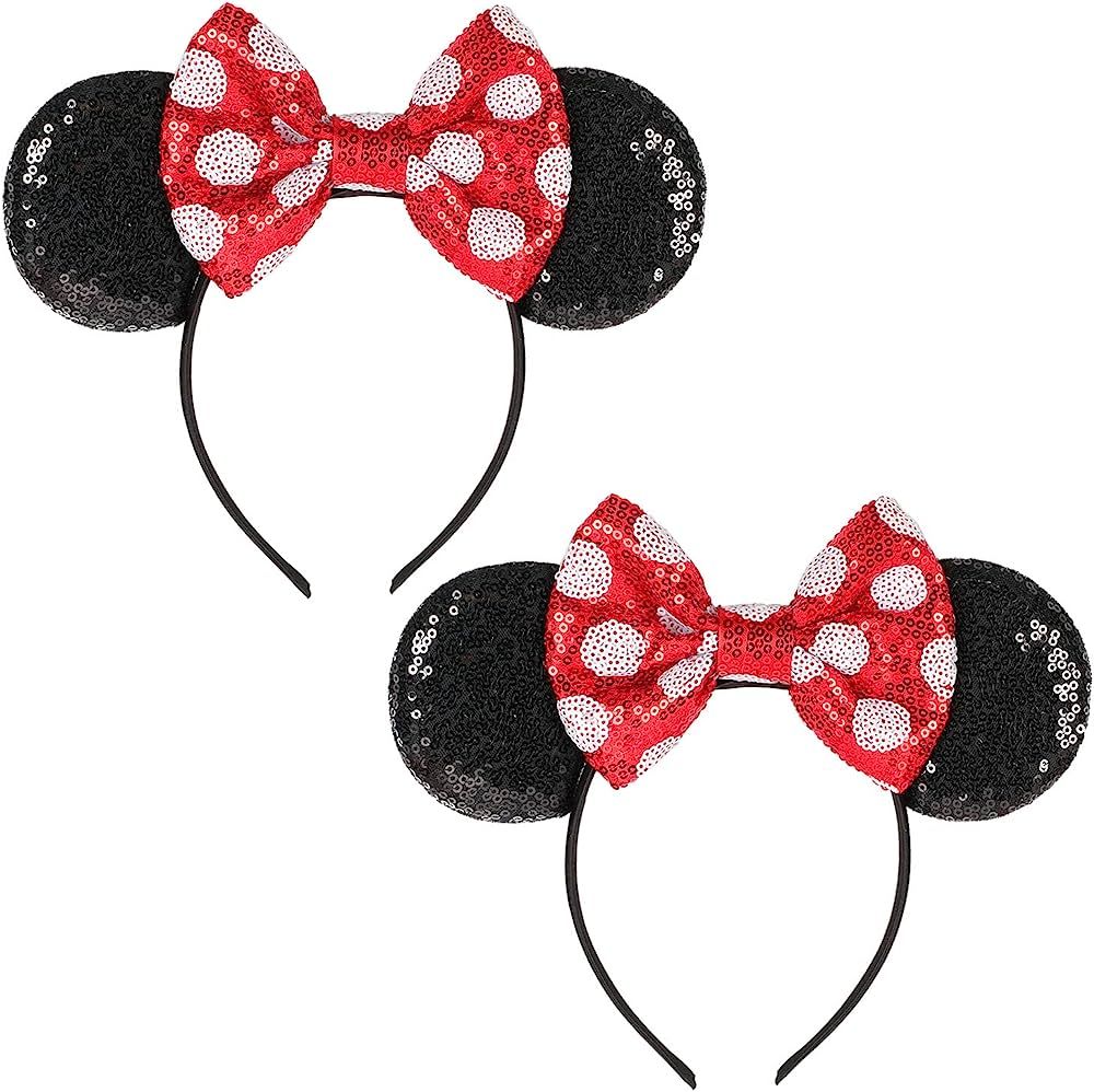 2 Pcs Mouse Ears Headbands Red Bow Headbands for Women Girls Kids Glitter Party Decorations | Amazon (US)