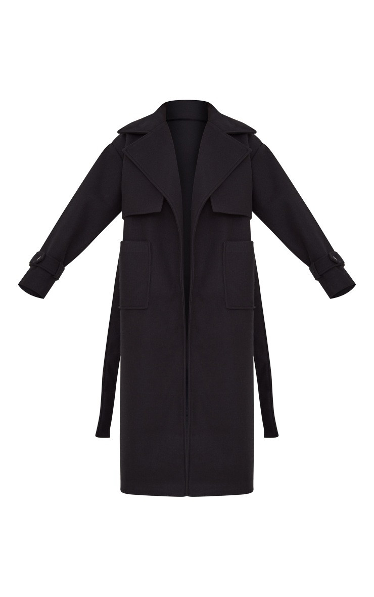 Black Maxi Panel Detail Belted Coat | PrettyLittleThing US