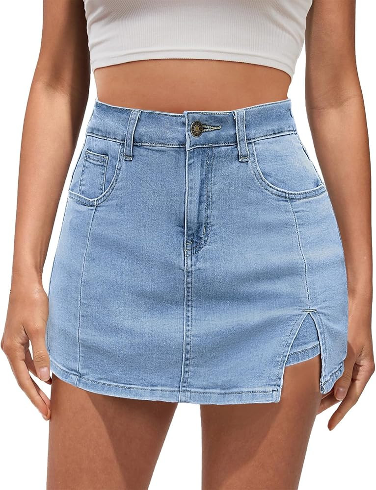 Vetinee Jean Skorts for Woman High Waisted Trendy Slit Stretchy Denim Skirt with Shorts Y2K Casua... | Amazon (US)