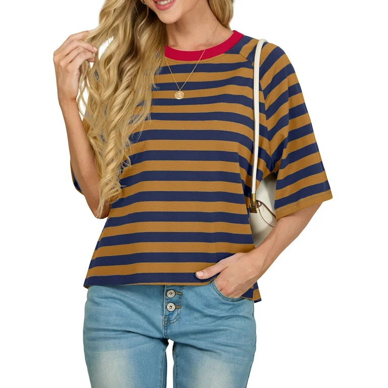 Cueply Women's Summer Short Sleeve Striped Oversized T Shirts Color Block Crewneck Design Tops Ca... | Walmart (US)