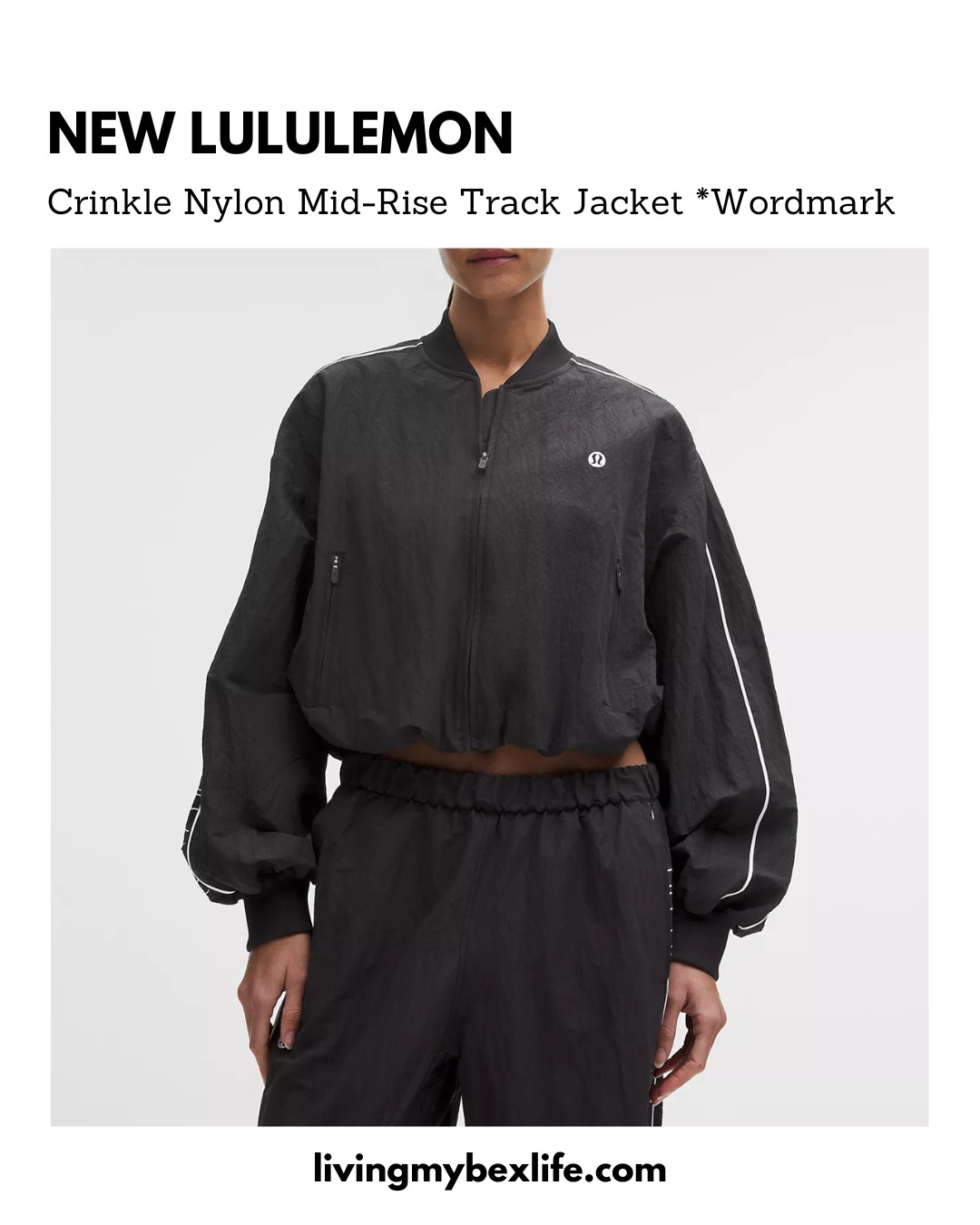 NEW LULULEMON: Crinkle Nylon Track Jacket *Wordmark

The perfectly cropped full-zip jacket ... with a matching relaxed-fit track pant for an easy set!

Crinkle Nylon Track Jacket *Wordmark and Crinkle Nylon Track Pant *Wordmark in colors Black/White and Willow Leaf/Fog Green.  

 #LTKActive #LTKMidsize #LTKTravel