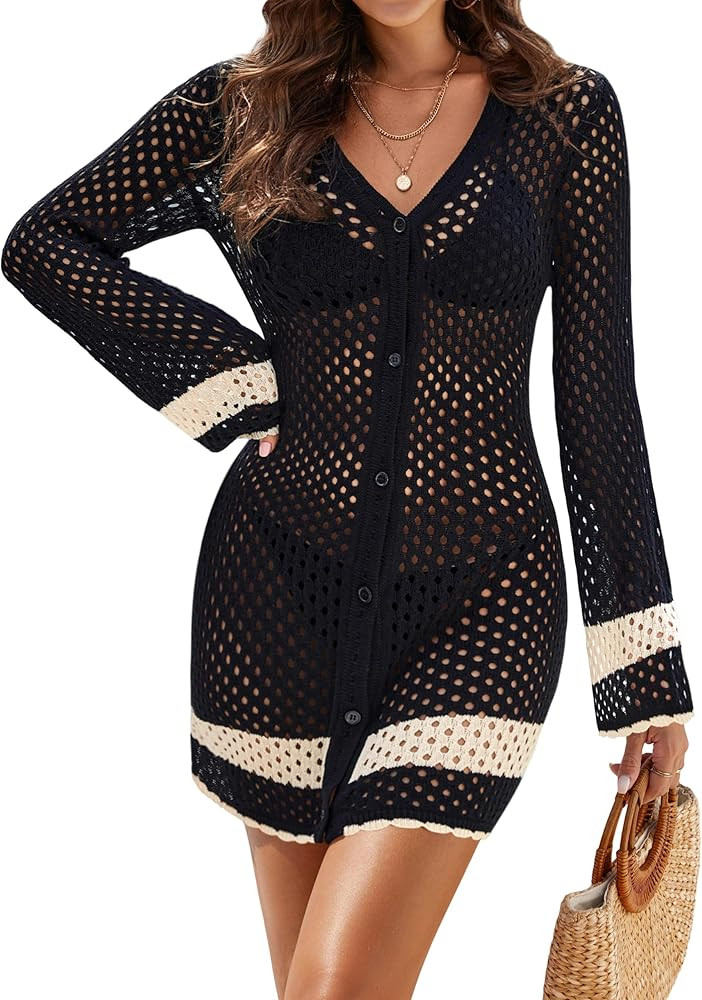 Blooming Jelly Women's Swimsuit Cover Up Crochet Bathing Suit Coverups Botton Down Swimwear Knit ... | Amazon (US)