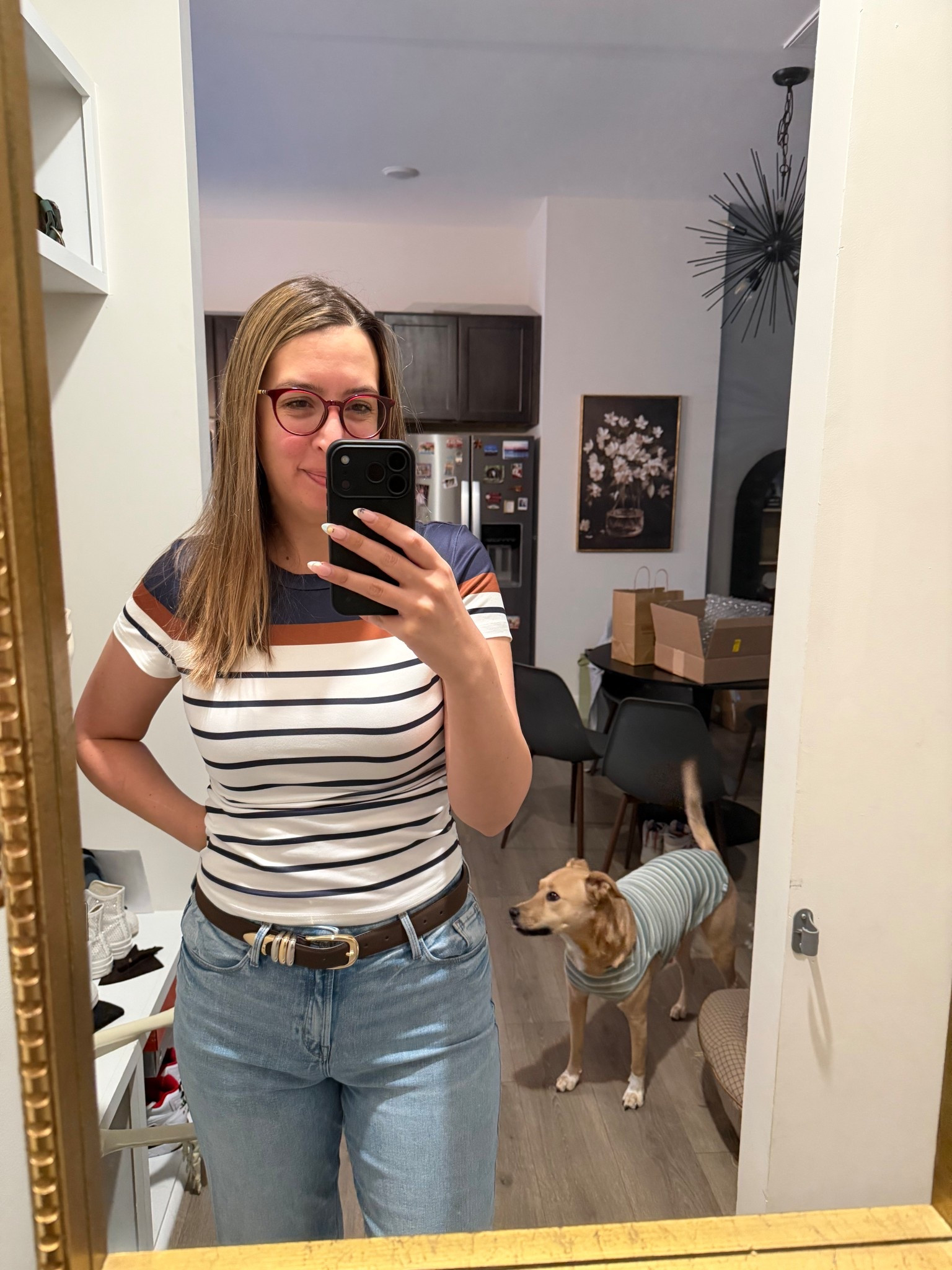 Work from home but make it “please ignore the pile behind me” energy 🤍

This striped shirt?? doing things for my confidence I didn’t know fabric was capable of… like why do I feel ✨mysteriously put together✨ while everything around me says otherwise 😅
Paired it with my go-to boyfriend jeans for that “I tried, but not too hard” vibe

And yes, Navi insisted on matching because apparently we’re a coordinated household now 🐾

work from home outfit | casual everyday style | striped shirt outfit | boyfriend jeans outfit | cozy lifestyle

#WFHstyle #EverydayOutfits #CasualChic #DogMomLife #CozyVibes

#LTKmorningroutine #LTKdayinmylife #LTKootd