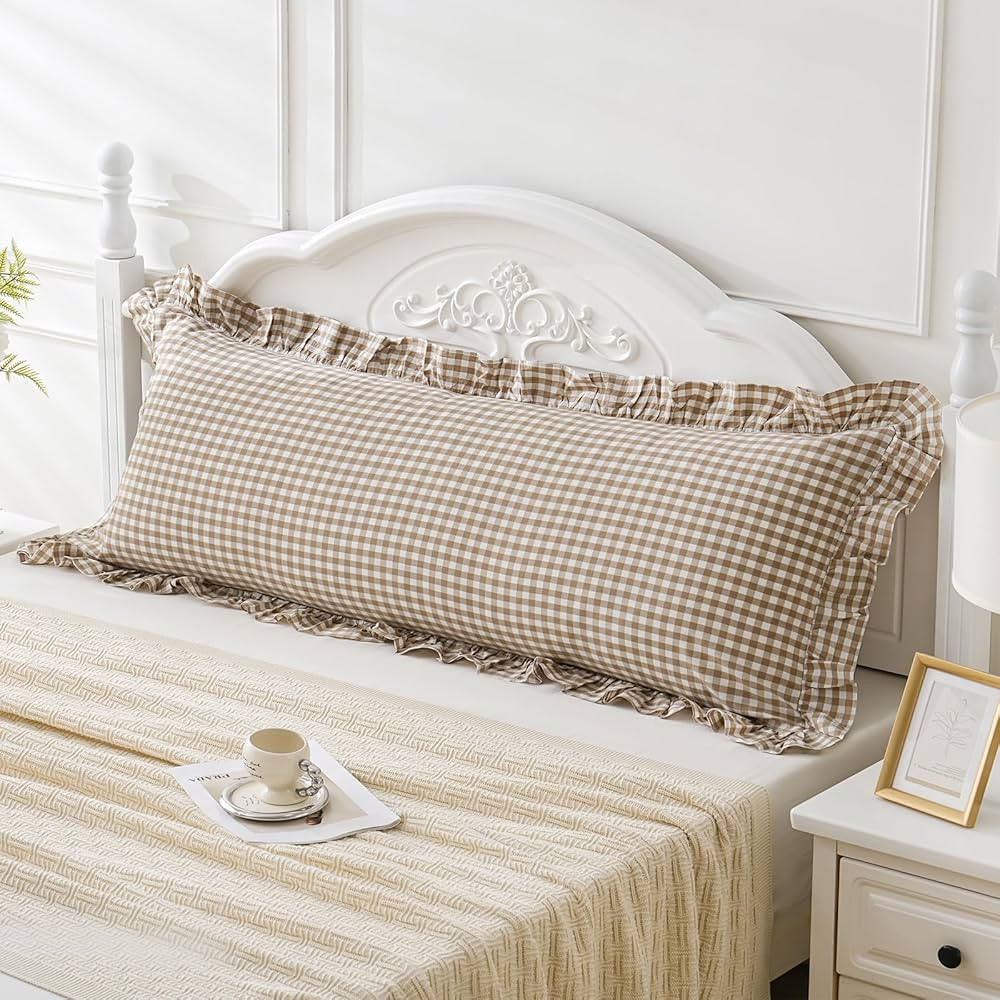Taupe/White Plaid Ruffled Body Pillow Cover Washed Cotton Farmhouse Checkered Gingham 1 Piece Pil... | Amazon (US)