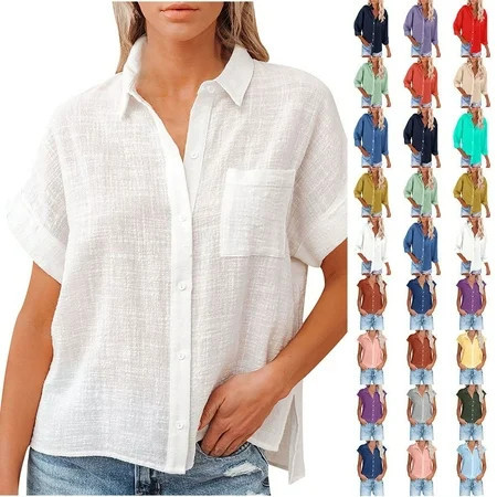 Fatuov Womens Button Down Shirts Summer Cotton Linen Short Sleeve Plus Size Tops for Beach Solid Color Turndown Collar Casual Blouses White | Walmart (US)