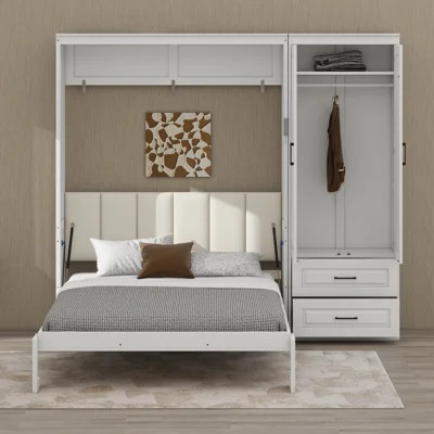 Queen Size Murphy Bed with Storage Drawers and Wardrobe, Space-Saving Hideaway Wall Bed Cabinet with Upholstered Headboard | Wayfair North America