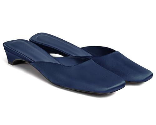 Coutgo Women's Mules Low Kitten Heel Closed Square Toe Slip On Backless Dress Shoes,Size Fits Large Navy Blue | Amazon (US)