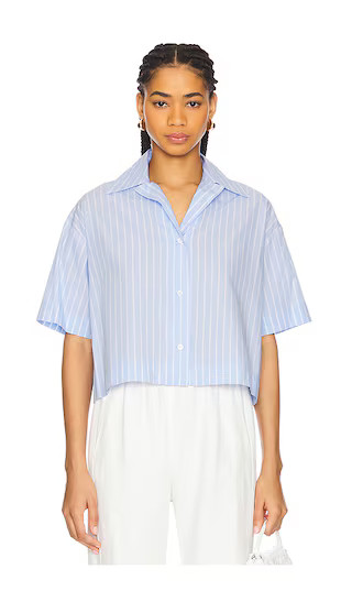 Cropped Short Sleeve Shirt in Light Blue & White Stripe | Revolve Clothing (Global)